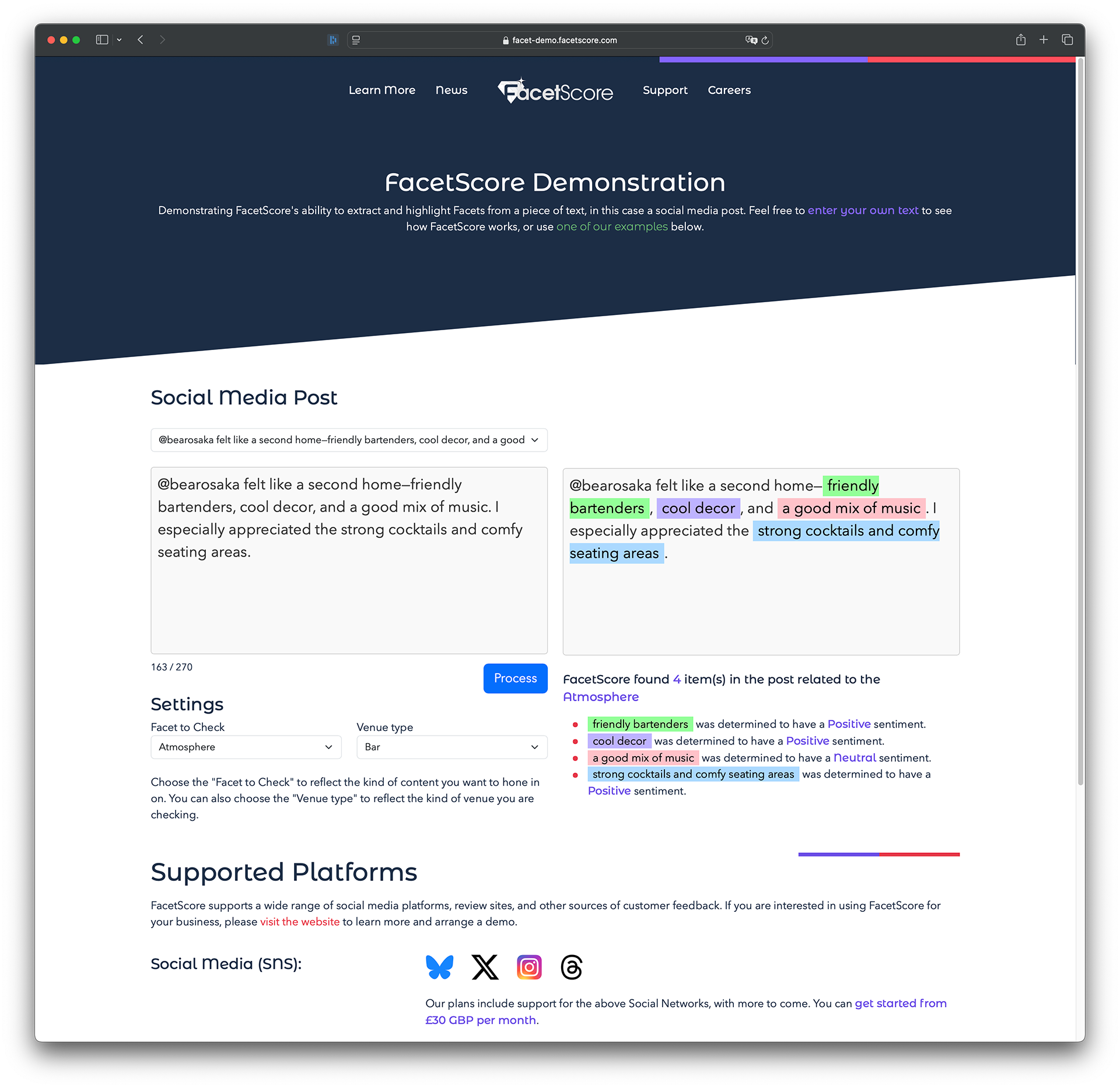 FacetScore Demonstration website, showing the highlighted Facets.