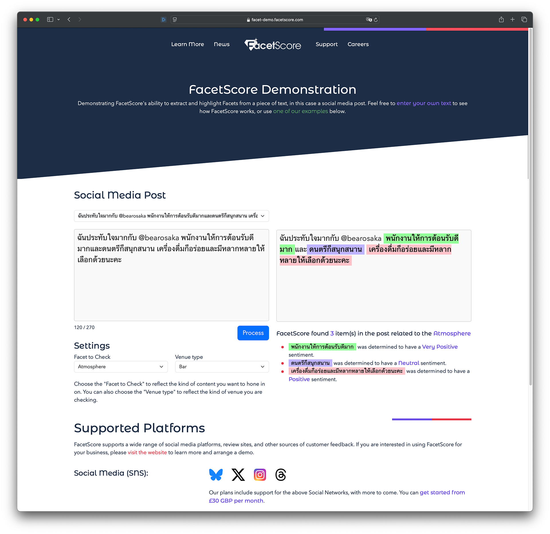 Example of FacetScore extracting details about the Atmosphere of a venue from a Thai social media post.